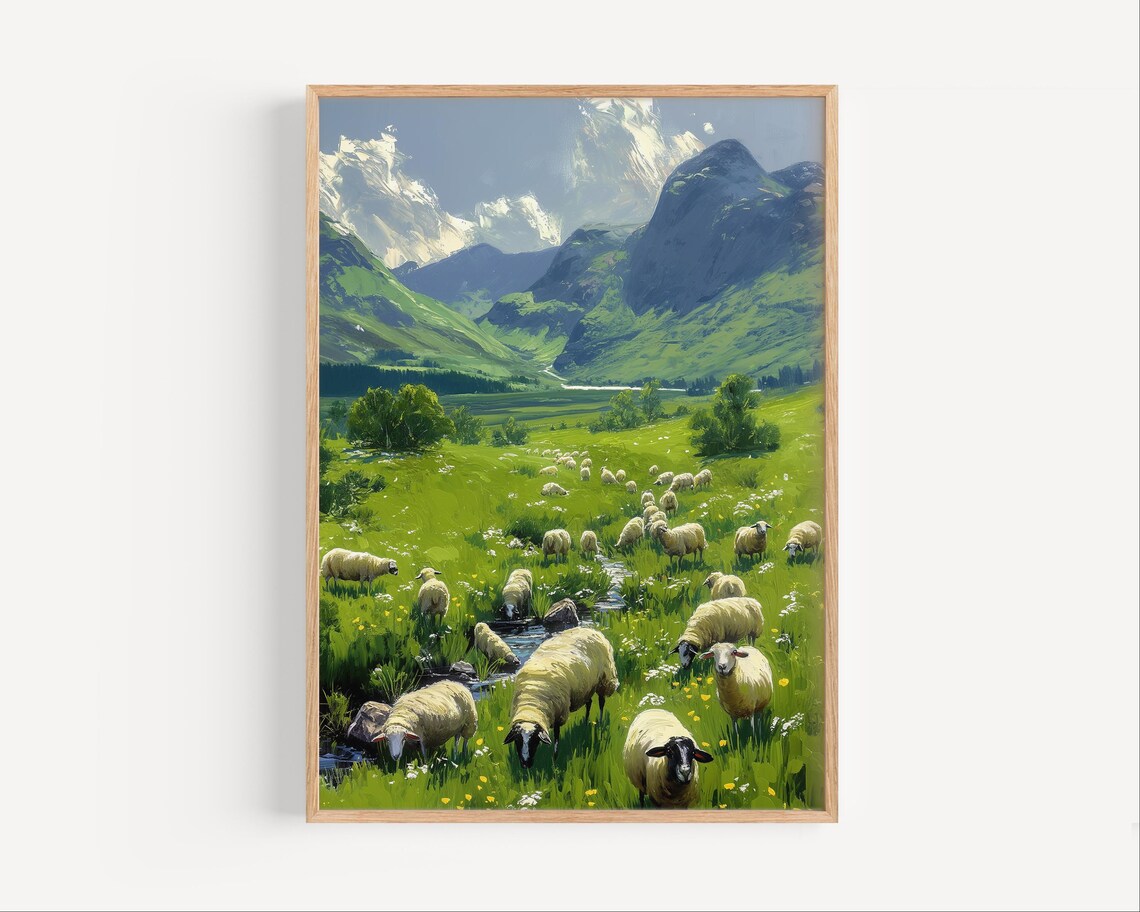 Sheep Grazing Scottish Highlands Green Valley Mountain Stream Oil Poster