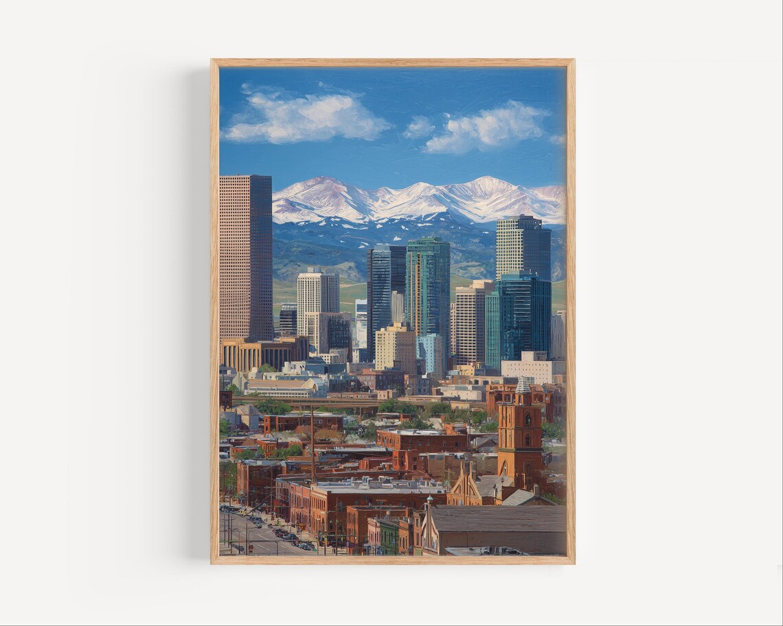 City Skyline Snow Capped Mountains Morning Downtown Buildings Poster
