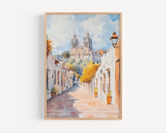 Aguascalientes Watercolor White Street Church Twin Towers Art Poster
