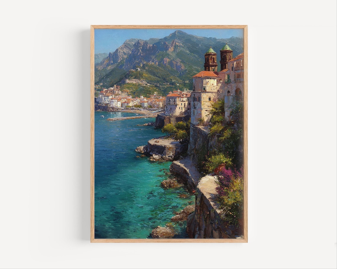 Italian Coastal Town with Twin Church Towers Scenic Painting Poster