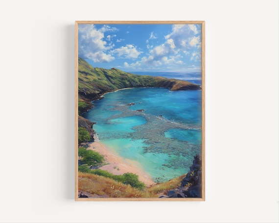 Hanauma Bay Coral Cove Hawaii Blue Turquoise Oil Painting Poster