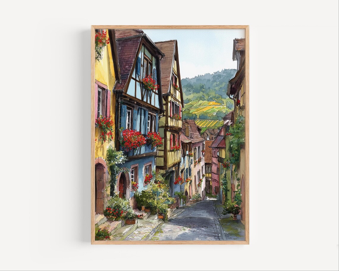 Riquewihr France Village Cobblestone Street Watercolor Painting Poster