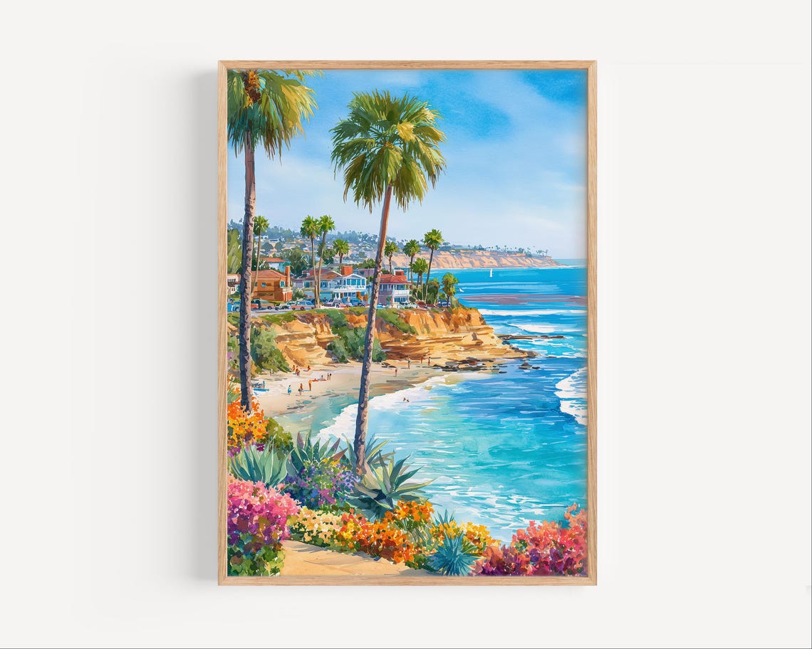Encinitas California Beach Cove Palms Watercolor Coastal Wall Art