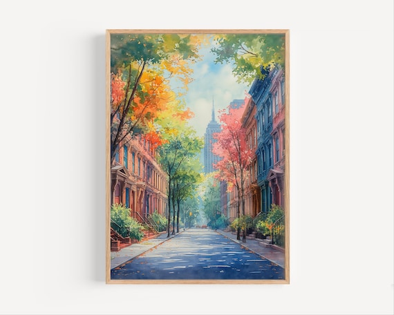 Brooklyn Brownstone Street Watercolor Empire State View Travel Poster