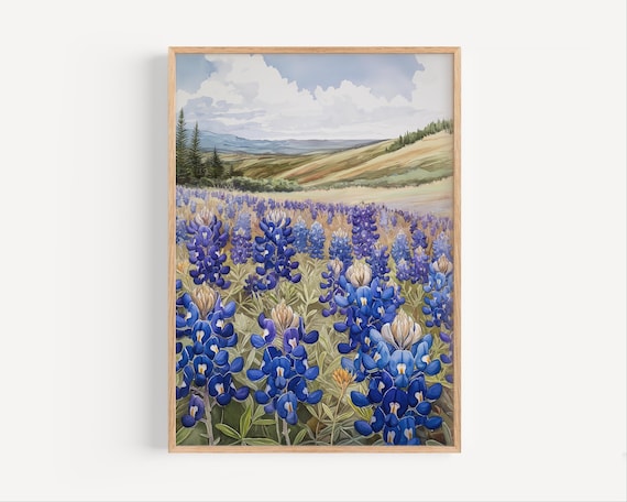 Bluebonnet Wildflower Field Watercolor Rolling Hills Meadow Poster