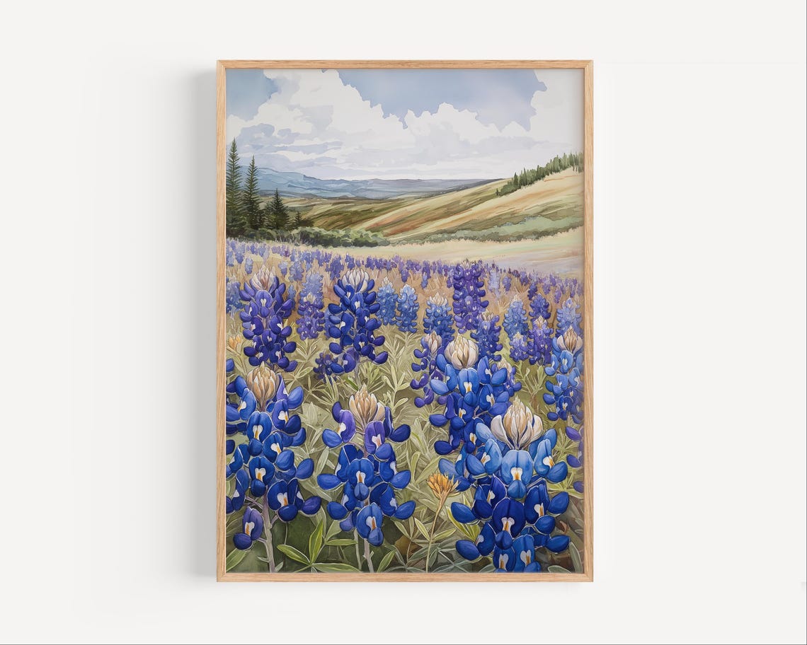Bluebonnet Wildflower Field Watercolor Rolling Hills Meadow Poster