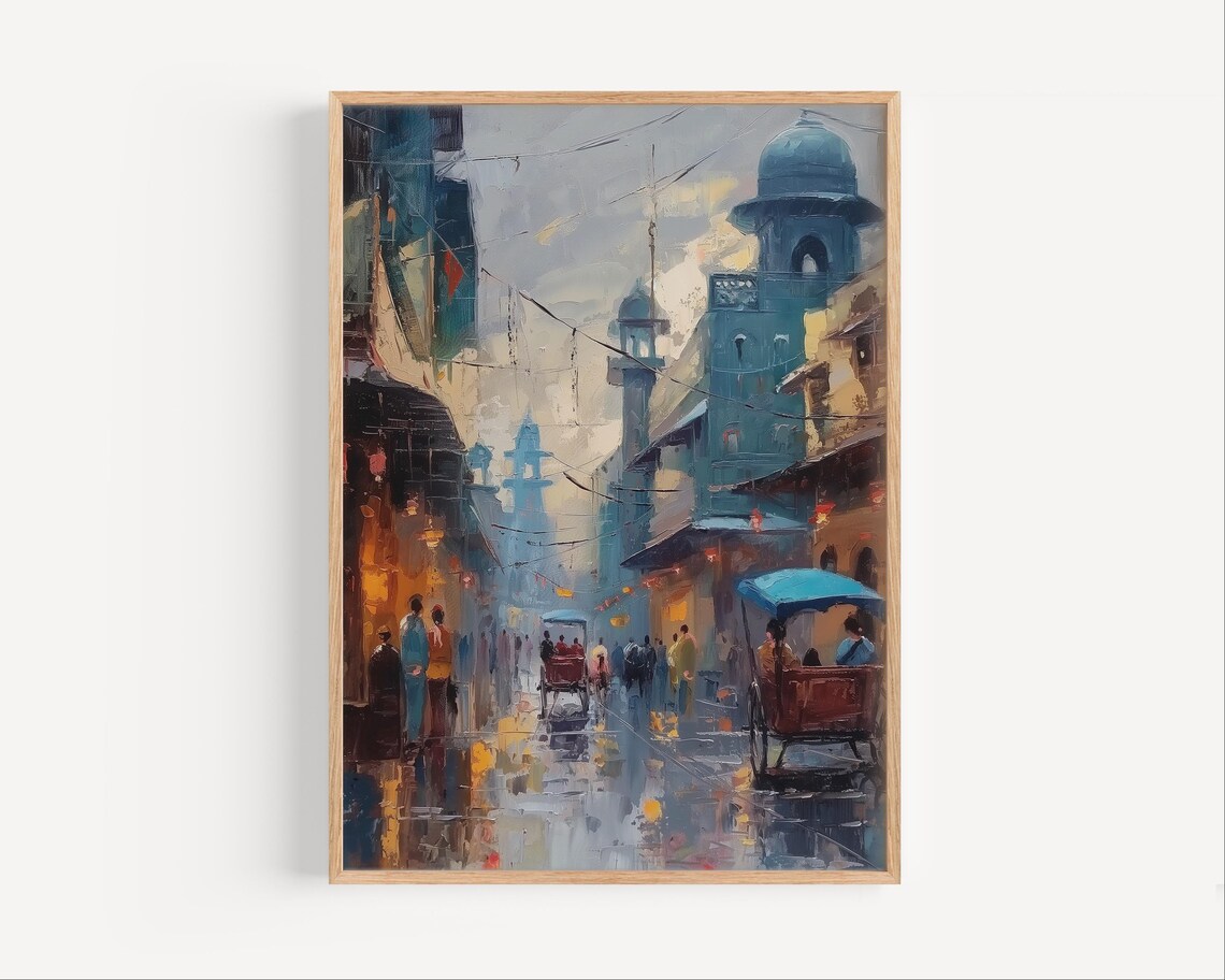 Lahore Old City Rainy Street Rickshaw Impressionist Oil Painting Poster