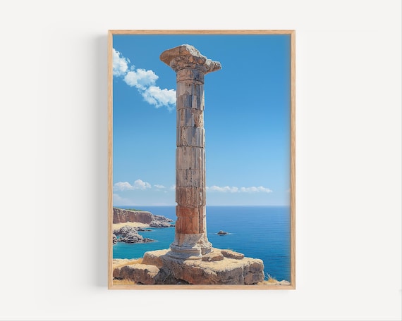 Ancient Greek Column Seaside Cliff Turquoise Sea Travel History Art Poster