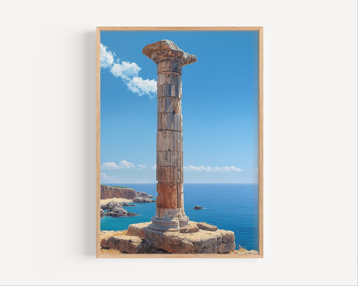 Ancient Greek Column Seaside Cliff Turquoise Sea Travel History Art Poster