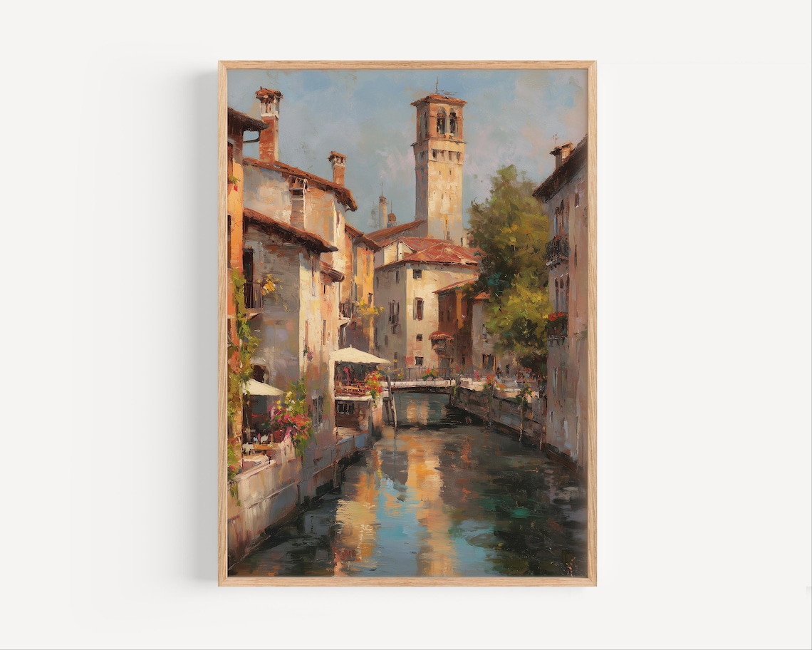 Treviso Italy Canal Old Town Tower Oil Painting Travel Poster