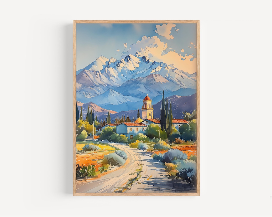 Mendoza Argentina Village Watercolor Andes Snow Peak Church Poster