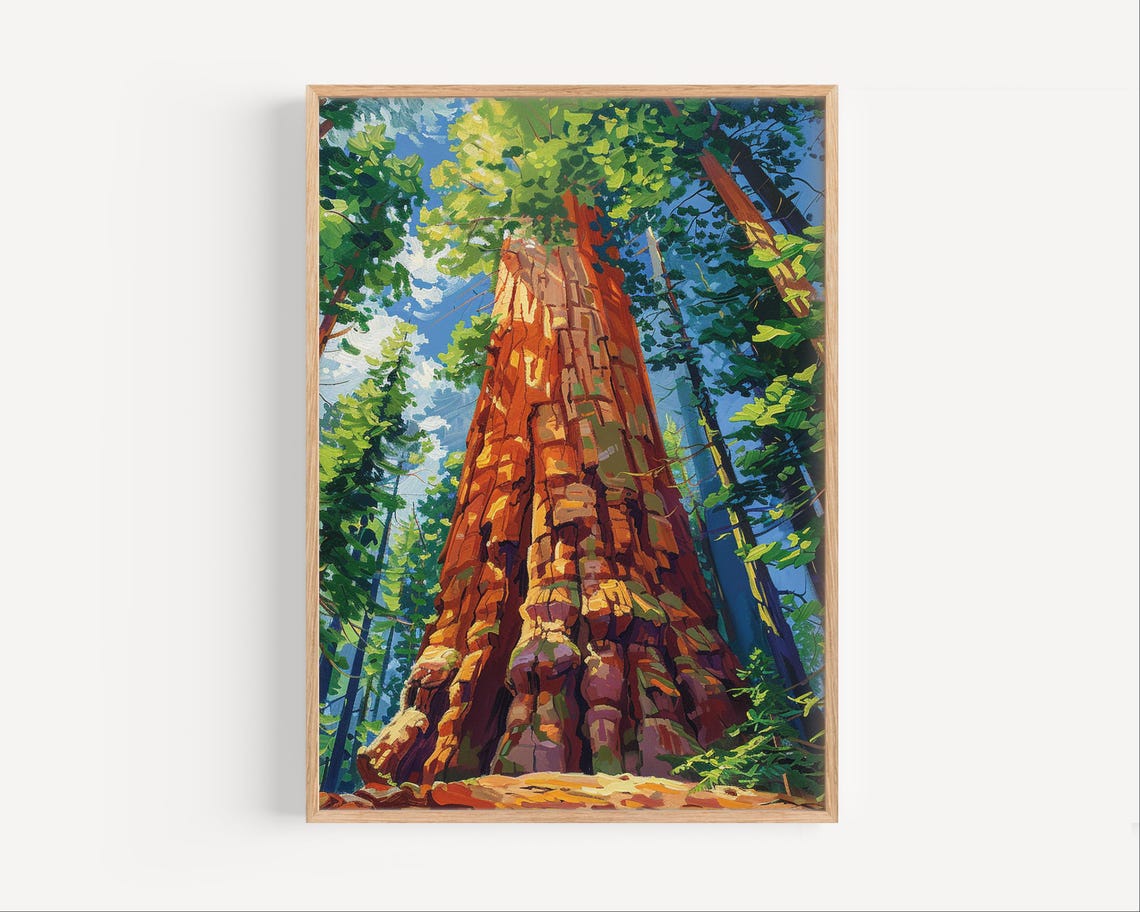 Giant Sequoia Tree Looking Up Redwood Forest Oil Painting Poster
