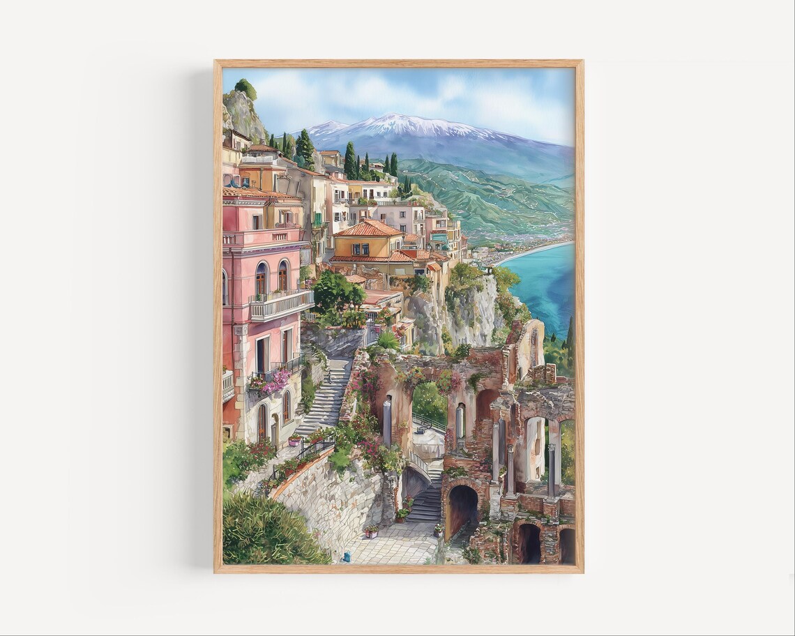 Taormina Watercolor Travel Poster, Sicily Cityscape