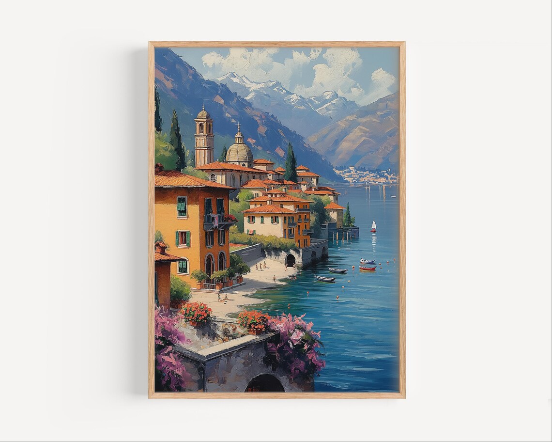 Lake Como Italy Lakeside Village Church Dome Mountain View Art Poster