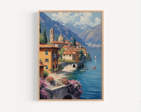 Lake Como Italy Lakeside Village Church Dome Mountain View Art Poster