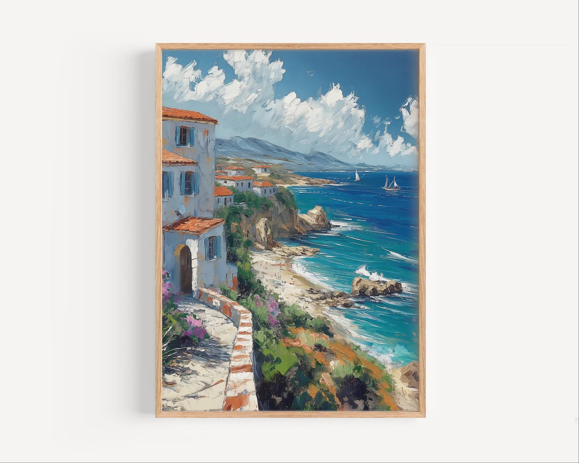 Paphos Cyprus Mediterranean Coastline Cliffs Sailboats Oil Poster