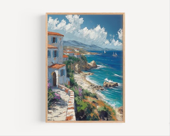 Paphos Cyprus Mediterranean Coastline Cliffs Sailboats Oil Poster