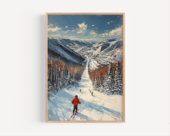 Alpine Ski Slope Winter Mountain Village with Lone Red Skier Art Poster