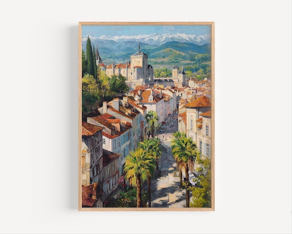 Pau France Palm Avenue and Castle with Snowy Mountains Oil Style Poster
