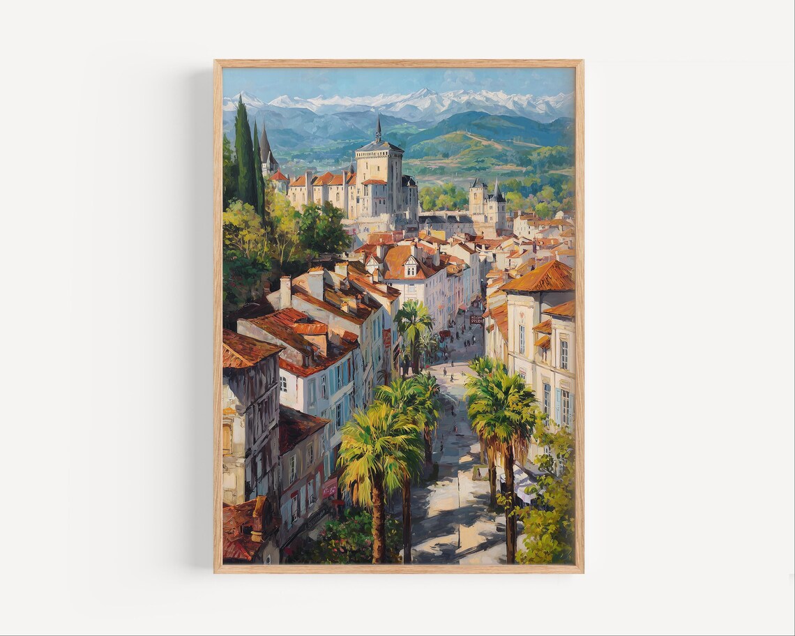 Pau France Palm Avenue and Castle with Snowy Mountains Oil Style Poster