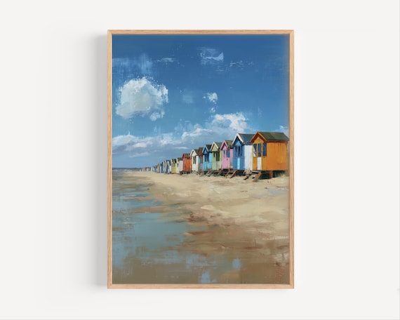 Pastel Beach Huts Row on Sandy Shore Impressionist Coastal Art Poster