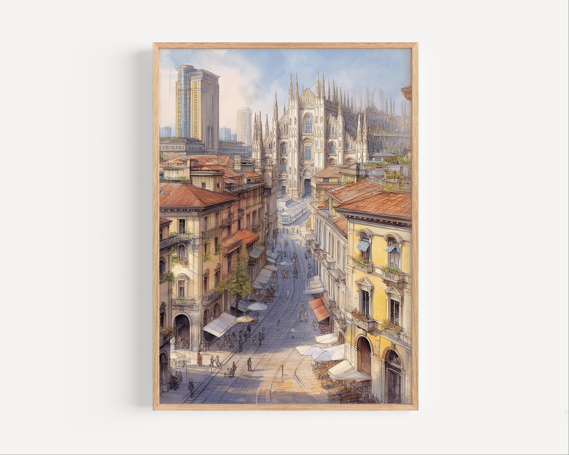 Milan Cathedral Duomo Street Scene Charming Italy Travel Poster
