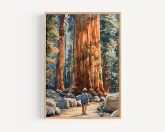Boy Before Giant Redwood Tree California Forest Watercolor Poster
