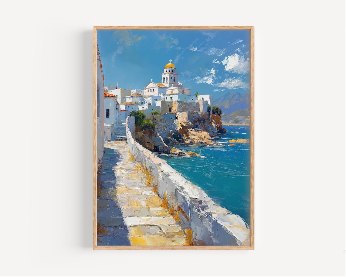 Greek Island White Village Golden Dome Church Aegean Sea Travel Decor Poster