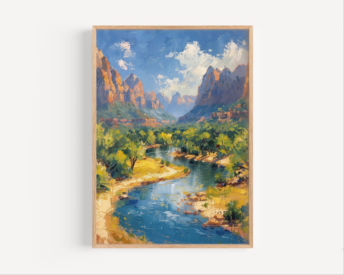 Oil Painting Of Zion National Park Utah Poster Print Or Canvas Travel Artwork Wall Art Gift Paint Style Natural Wonder Usa