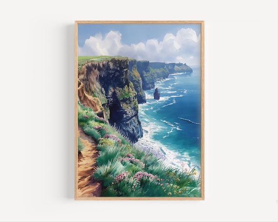 Cliffs of Moher Ireland Watercolor Dramatic Atlantic Coast Travel Poster