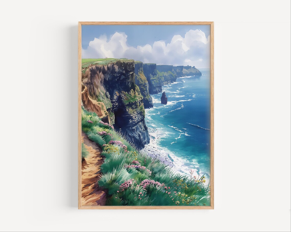 Cliffs of Moher Ireland Watercolor Dramatic Atlantic Coast Travel Poster