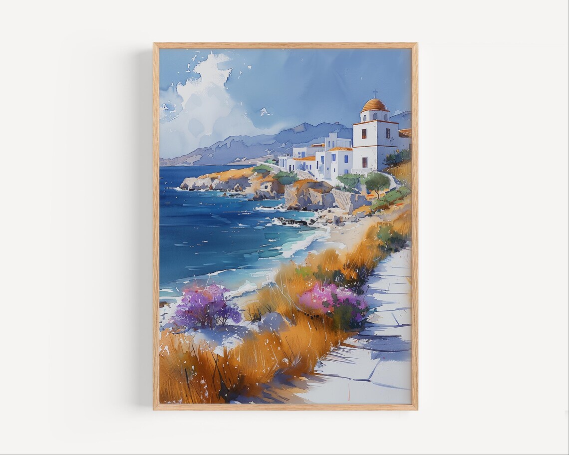 Greek Coastal Town with Whitewashed Houses Watercolor Art Poster
