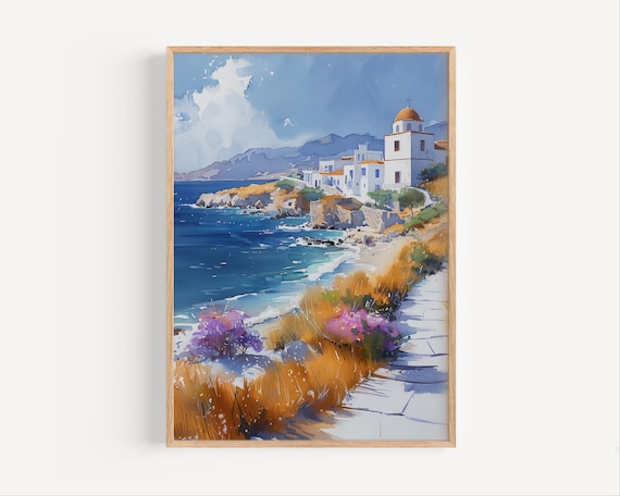 Greek Coastal Town with Whitewashed Houses Watercolor Art Poster