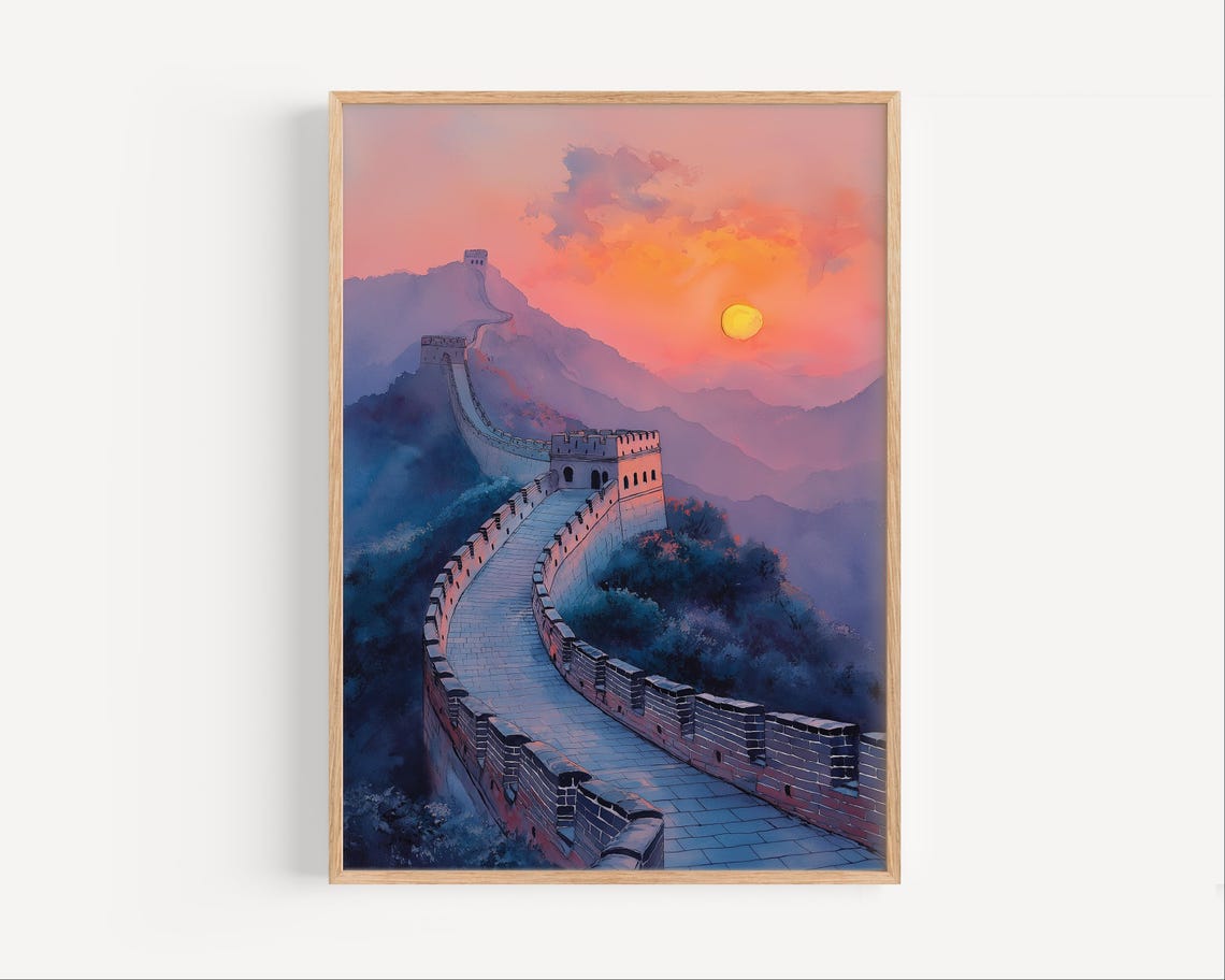 Great Wall of China Sunset Watercolor Mountain Landscape Wall Art