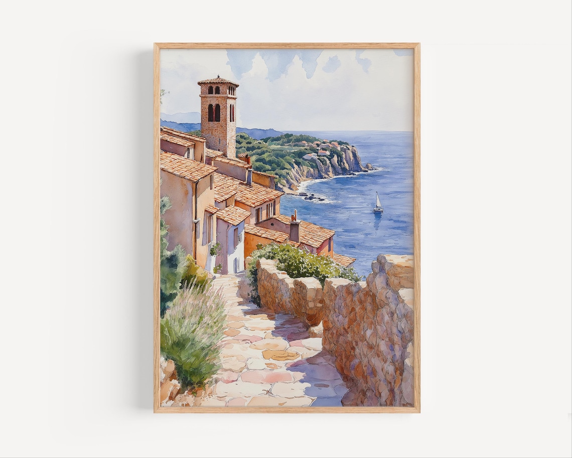 Eze France Watercolor Hilltop Village Mediterranean Coast Poster