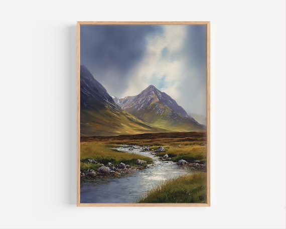 Rocky Mountain Stream Valley Under a Stormy Sky Watercolor Poster