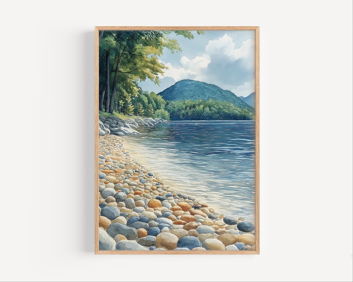 Rocky Lakeshore Watercolor with Mountains and Pine Trees Landscape Poster