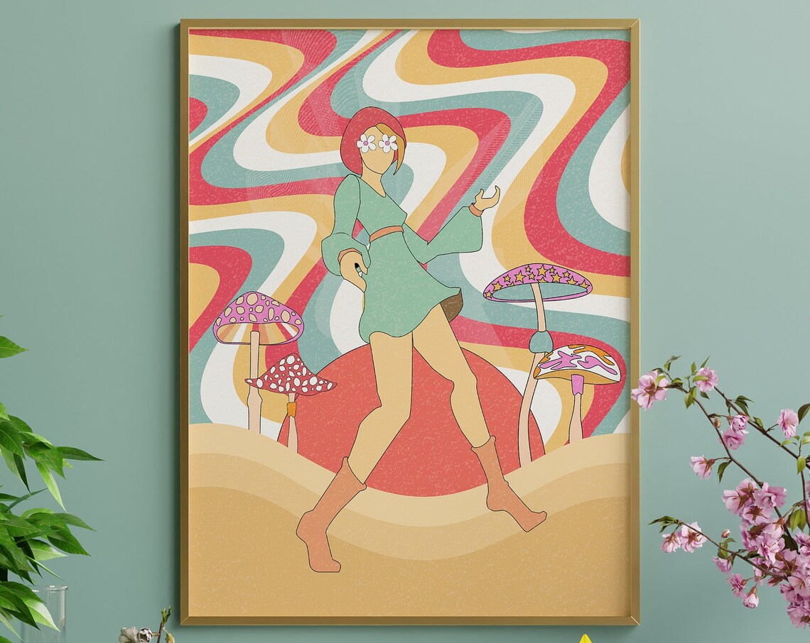 Psychedelic Flower Child Dancing Mushroom Garden Groovy Girl Wall Art