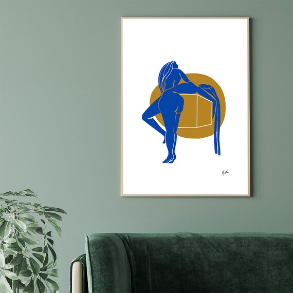Dynamic Blue Nude Leaning Gold Cube Long Hair Modern Art Poster