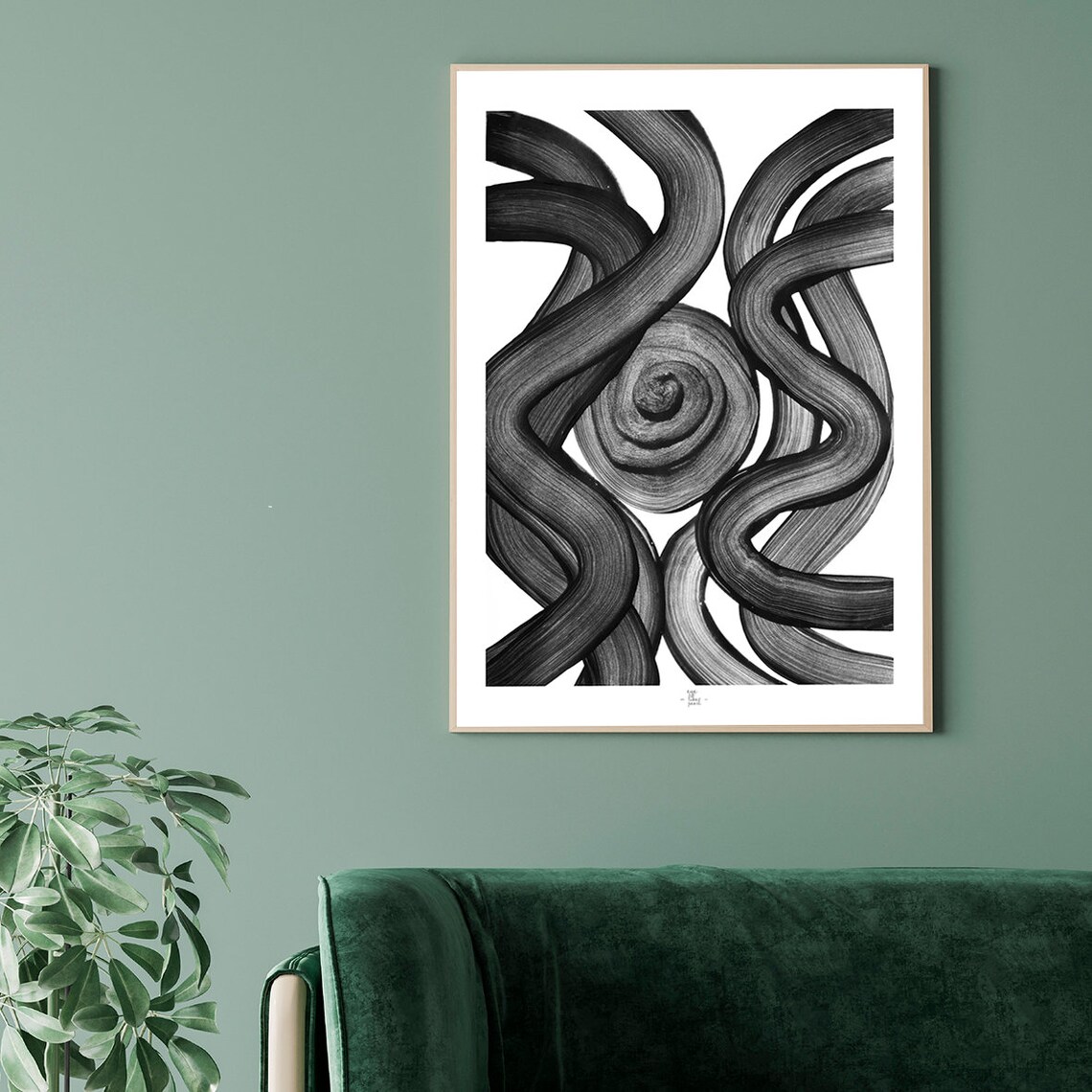 Black Swirl Spiral Center Flowing Brushstroke Abstract Art Poster - Image 3