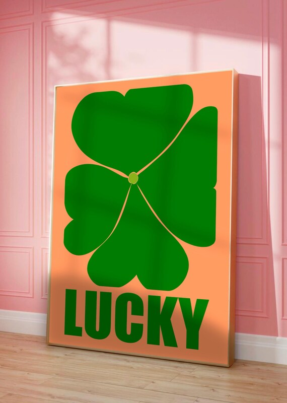 Lucky Green Clover Peach Poster Bold Maximalist Typography Decor