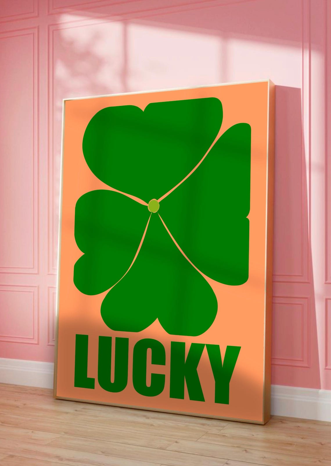 Lucky Green Clover Peach Poster Bold Maximalist Typography Decor