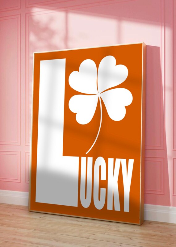 Lucky Bold White Lettering Shamrock St Patricks Day Orange Graphic Poster