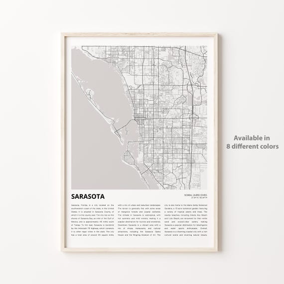 Sarasota Florida Minimalist Black and White City Street Map Poster
