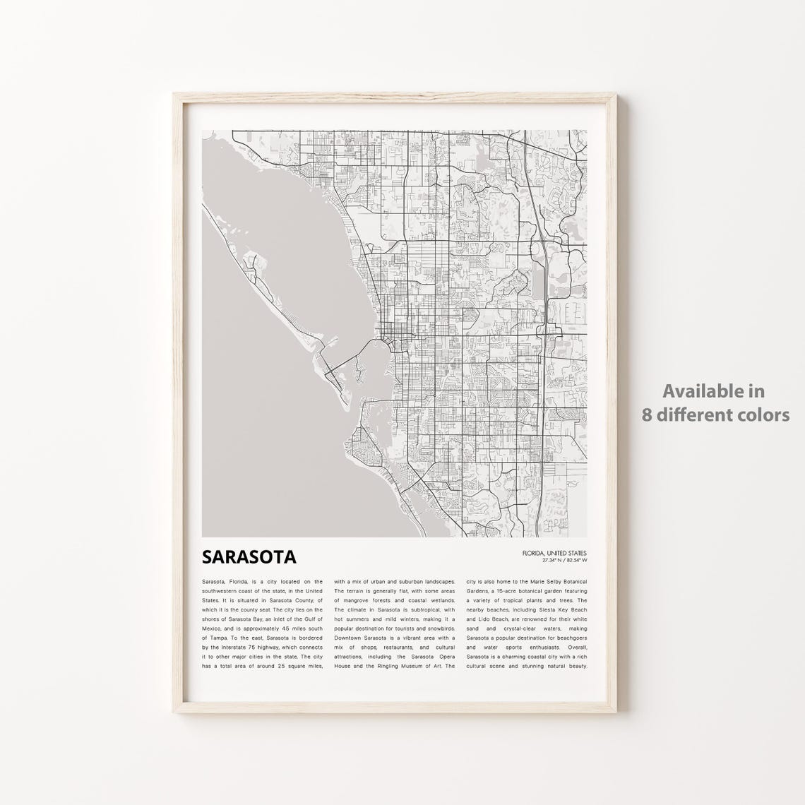 Sarasota Florida Minimalist Black and White City Street Map Poster