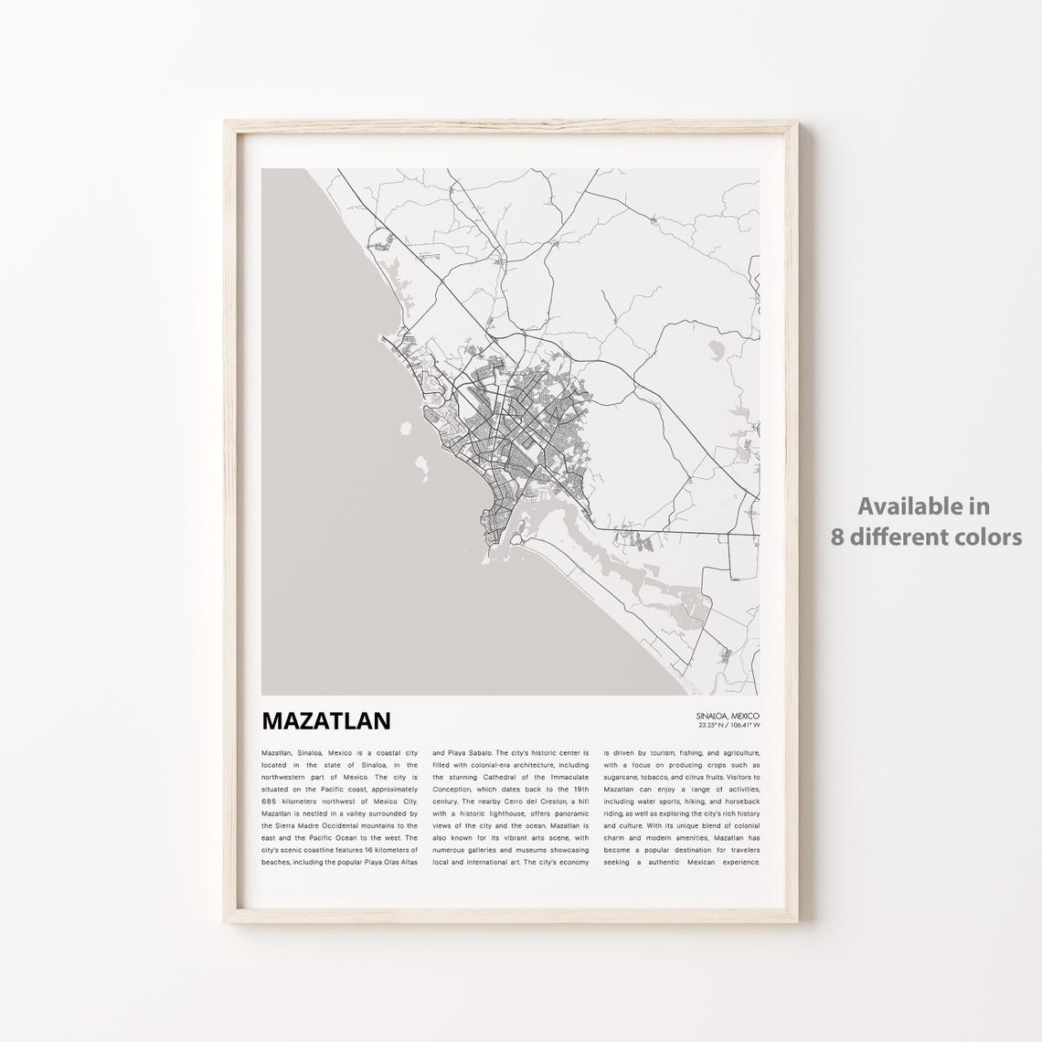 Mazatlan Map Print Travel Wall Decor Art Sinaloa Housewarming Gift