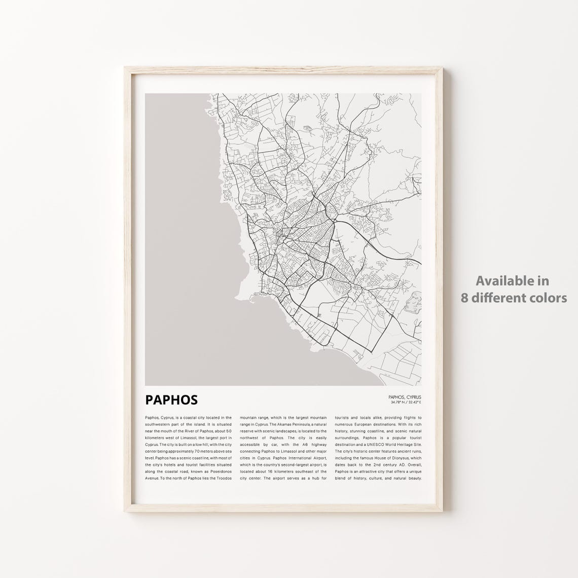 Paphos Cyprus Coastal City Street Map Minimalist Travel Decor Poster