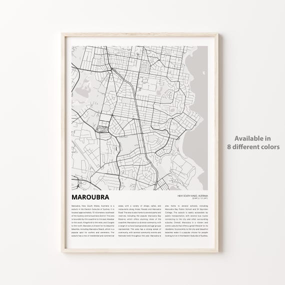 Maroubra Map Print Travel Wall Decor Art New South Wales Housewarming Gift