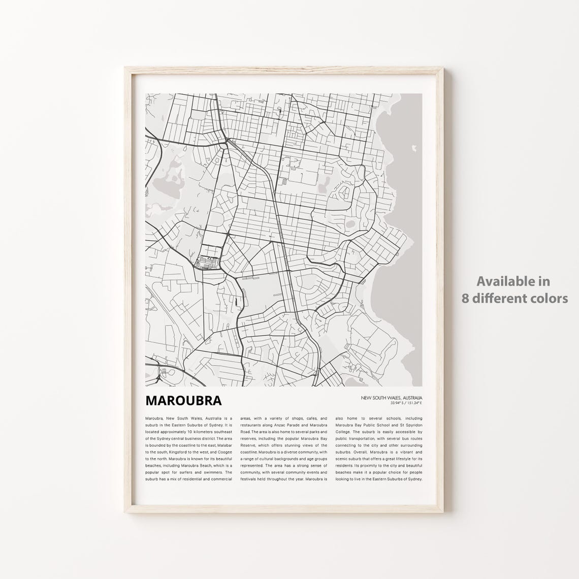 Maroubra Map Print Travel Wall Decor Art New South Wales Housewarming Gift