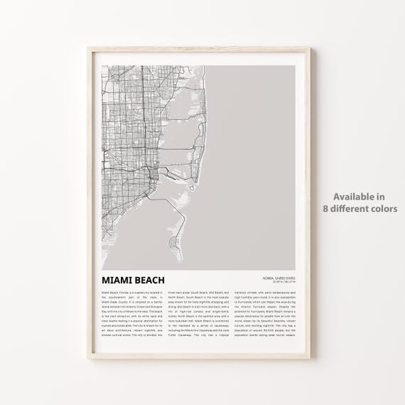 Miami Beach Map Print Travel Wall Decor Art Florida Housewarming Gift